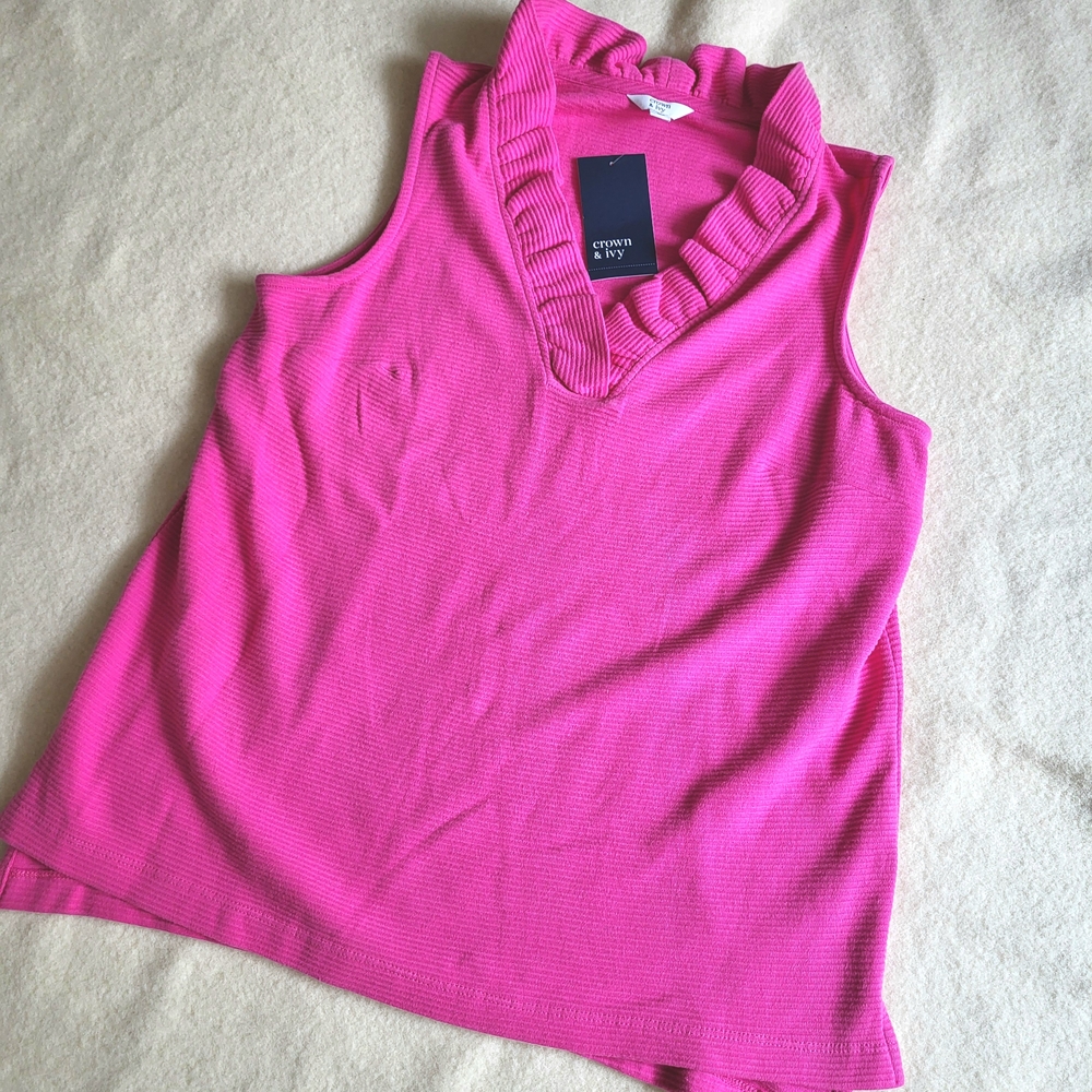 Nwt Crown & Ivy Hot Pink Tank Top Ruffle Women's Size Large.